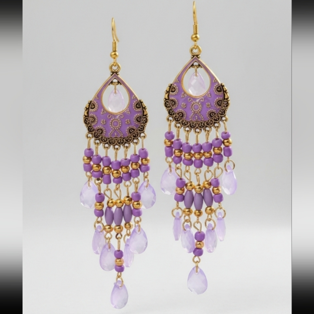🆕️ Vintage Style Dangle Chandelier Earrings Purple and Gold